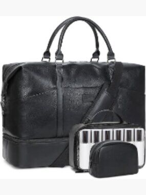 Faux Leather Weekender Travel Duffel Bag with Shoe Compartment & Toiletry Bag
